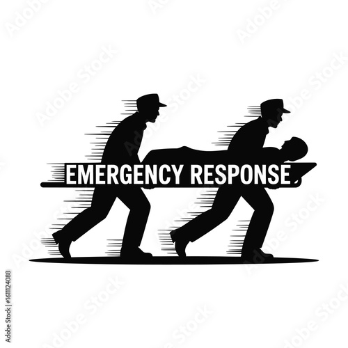 Emergency response silhouette of people carrying stretcher isolated on white background