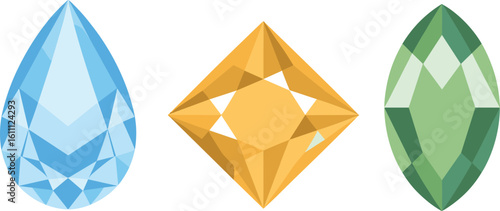Colorful gemstones illustration, diamond shapes vector, precious gem clipart, shiny crystal icons, jewelry design element, cut gem stones, faceted jewel graphic, luxury gemstone art