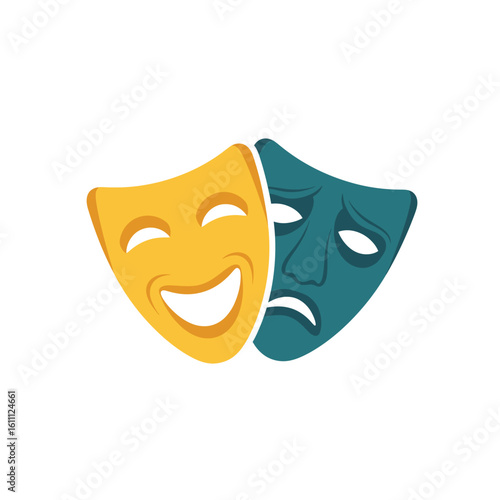 Classic theatre masks symbolizing comedy and tragedy represent contrasting human emotions and dramatic art forms.