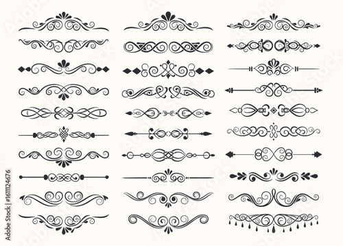 Various decorative text dividers set. Black hand drawn ornament borders and calligraphic elements isolated vector illustration collection. Decoration and ornaments concept
