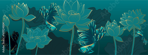 goldfish with magnificent beautiful tails in the water with lotuses