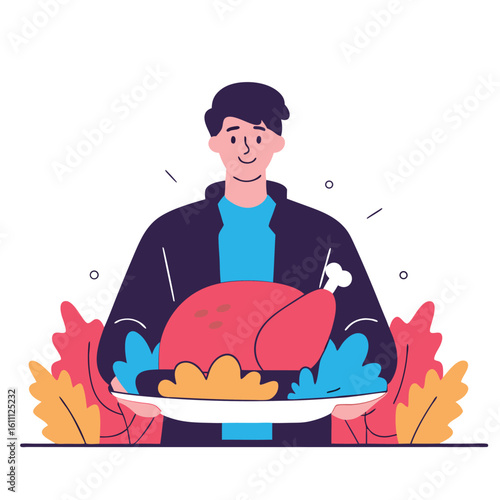 Smiling man proudly presents a delicious roasted turkey on a platter surrounded by festive autumn foliage