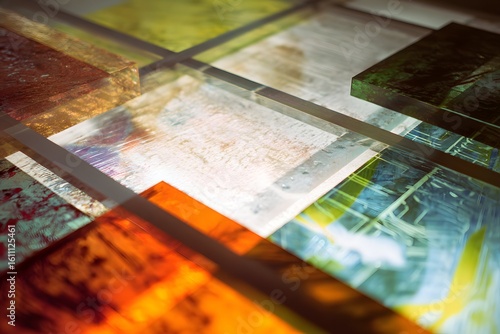 Bright, colorful acetate sheets stacked to form a stylish, transparent abstract artwork.