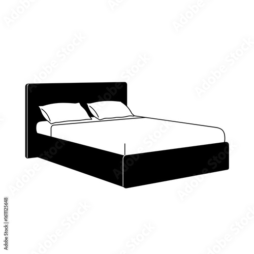 Modern black bed with white bedding and two pillows  
