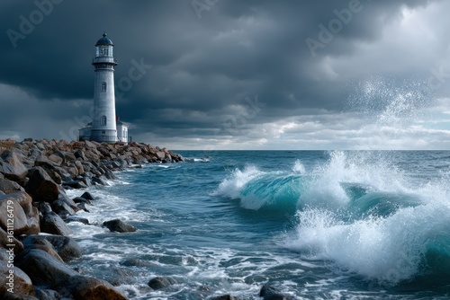 Dramatic waves crashing against lighthouse during stormy weather at coastal shore