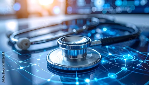 Digital Health Innovation: Stethoscope on Futuristic Technology Interface