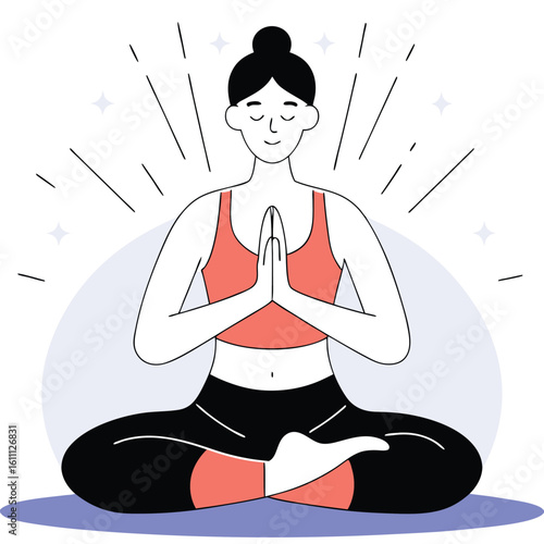 Serene woman in yoga pose meditating with eyes closed radiating peaceful energy and inner calm