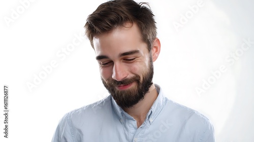 Prompt A man with a bashful smile, looking down shyly, faint blush on his cheeks, white background.