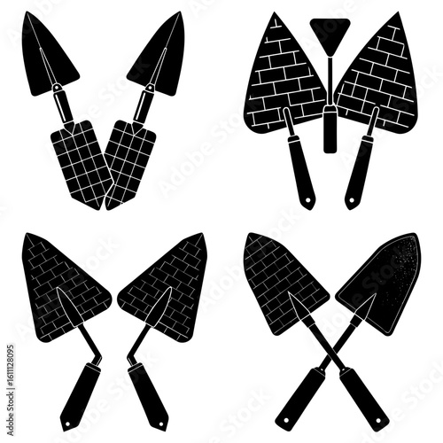 Four arrangements of black and white trowel illustrations in various crossed and paired configurations