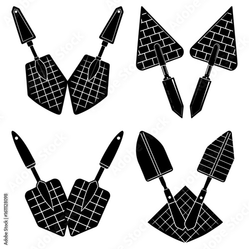 Illustration of four pairs of trowels with different blade shapes and surface textures in black and white