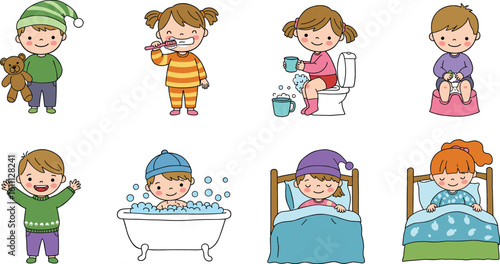 Cute children morning routine cartoon, brushing teeth, toilet training, bath time, bedtime sleep, hygiene habits, playful kids, daily routine clipart, toddler activities, colorful