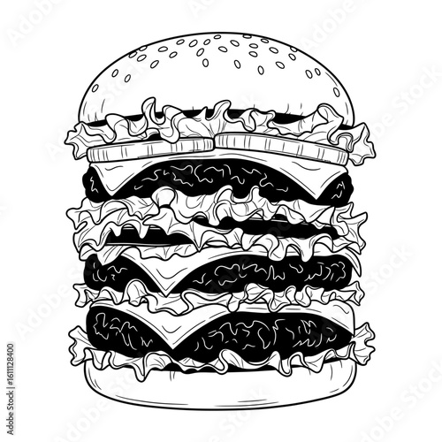 Black and white line art illustration of a tall stacked burger drawing