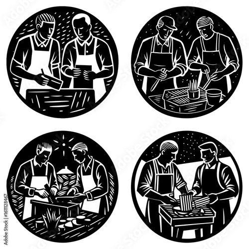 Four circular vignettes depict two men in aprons preparing food in a kitchen setting with various ingredients