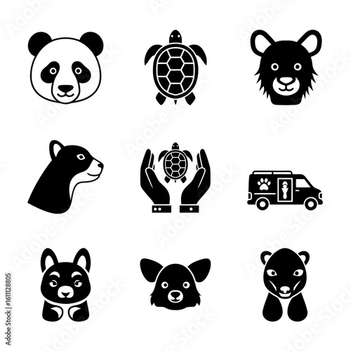 Collection of assorted animal icons and a van icon in black and white style