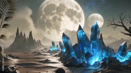 A surreal landscape featuring glowing blue crystals, large moons, and desolate terrain.