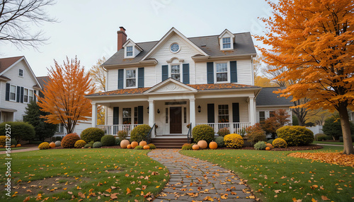 Classic suburban home with autumn leaves, pumpkins outside, fall festival mood