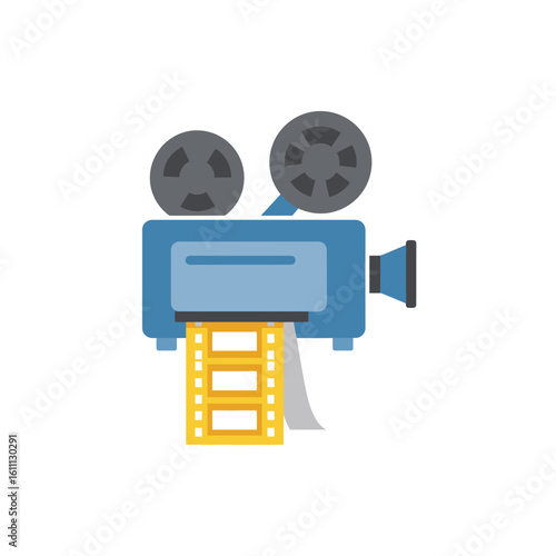 Vintage film projector with an antique movie camera design and cinematic film reel displaying classic entertainment technology.