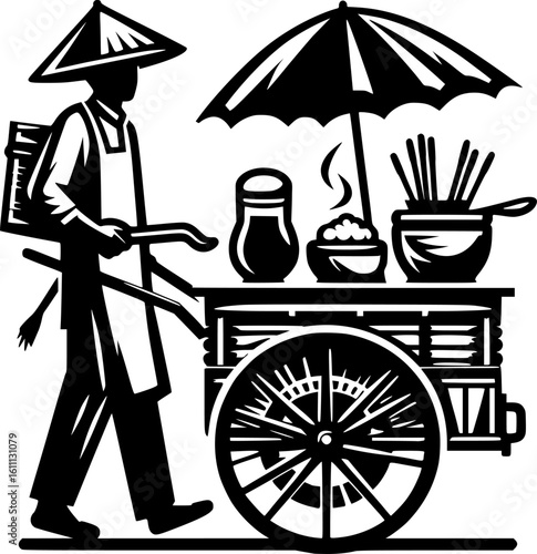 Minimalist black and white icon of a bakso seller with clean lines, no shading, perfect for stickers, logos, or digital use in modern geometric style.