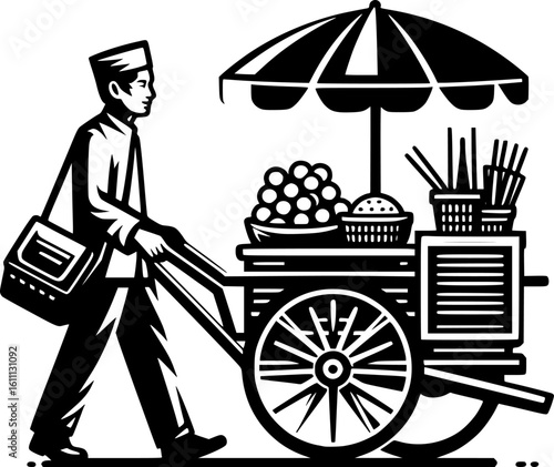 Minimalist black and white icon of a bakso seller with clean lines, no shading, perfect for stickers, logos, or digital use in modern geometric style.