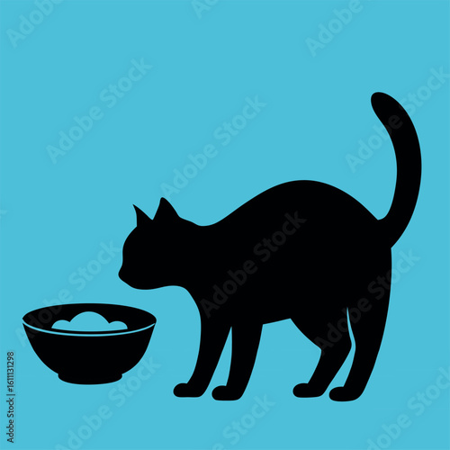 Cat silhouette with coffee cup and fish vector illustration