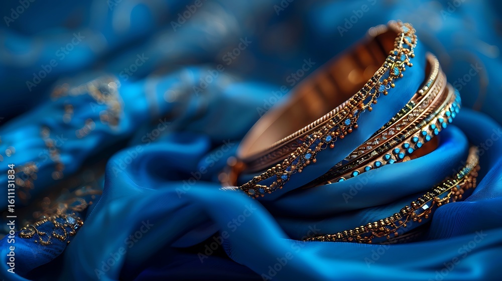 Obraz premium Elegant Blue Bangle Stack Adorned with Intricate Gold Embellishments on Luxurious Fabric