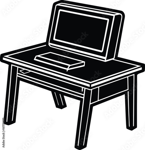 Vector illustration of black and white office furniture: a wooden desk, chair, and computer, isolated with a simple design for modern interior, desk setup, officeinterior, monochrome