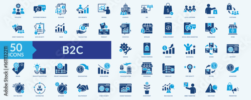 B2C icon collection set with customer feedback, loyal customer, direct marketing, mobile payment, social media marketing
