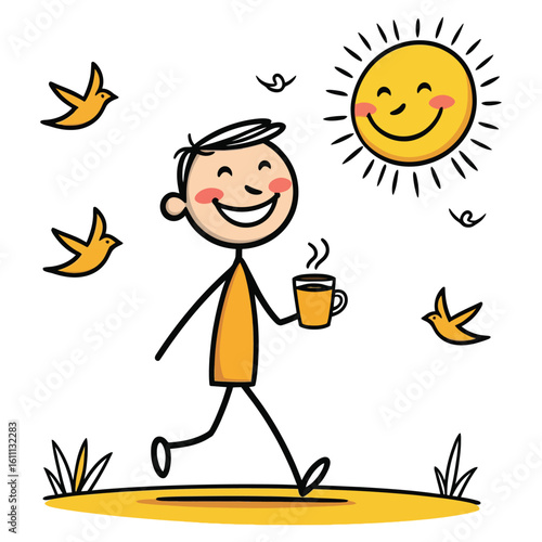 A cheerful stick figure enjoys a morning walk with a steaming cup of coffee, accompanied by birds and a bright, smiling sun.