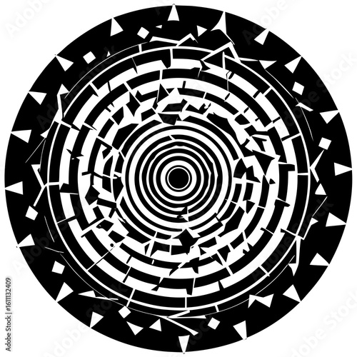 "Fragmented concentric circles with RGB bleed and broken pixel trails", Clean Lines, only design, no title