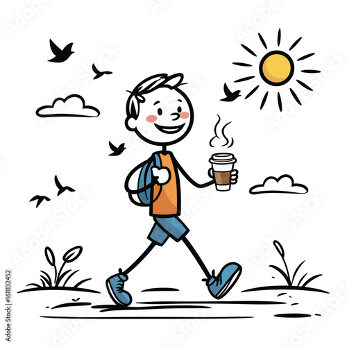 A cheerful cartoon boy with a backpack walks outdoors, holding a steaming cup of coffee under a bright sun with birds flying.