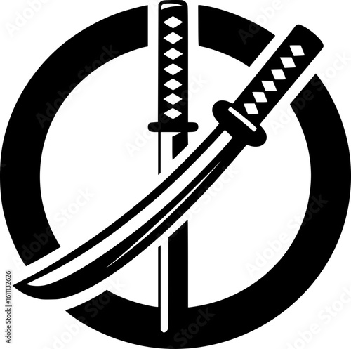 Minimalist black and white katana icon with clean lines, no shading, ideal for logos, stickers, or digital use in a modern geometric style.