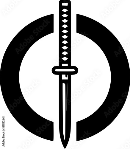 Minimalist black and white katana icon with clean lines, no shading, ideal for logos, stickers, or digital use in a modern geometric style.