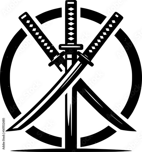 Minimalist black and white katana icon with clean lines, no shading, ideal for logos, stickers, or digital use in a modern geometric style.