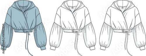 Cropped hoodie fashion sketch with drawstring detail, cad drawing flat vector illustration, garment layout design, stylish clothing template  hoodie fashion 