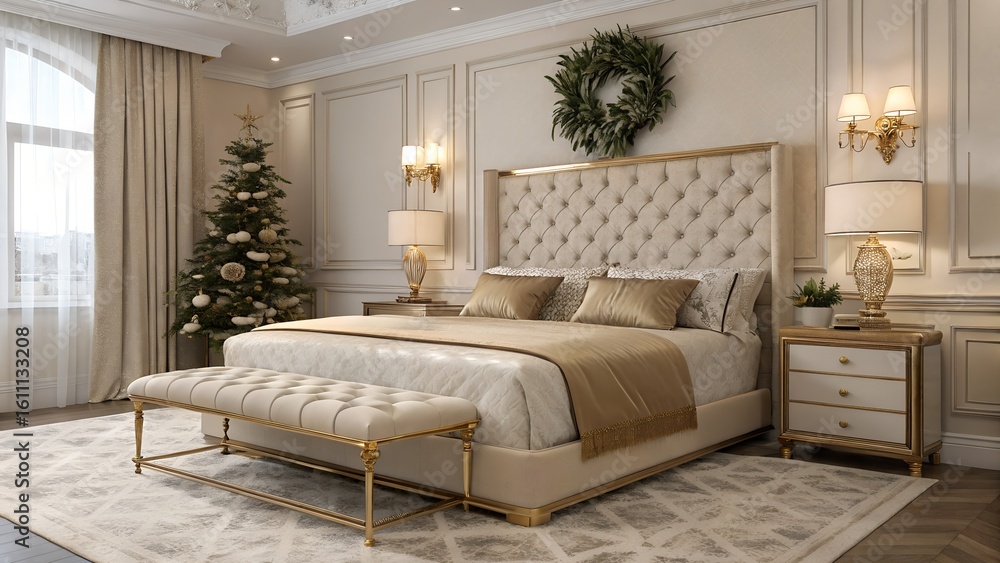 Fototapeta premium Luxury Bedroom with Tufted Headboard and Gold Holiday Accents