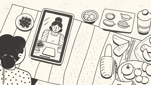 Person watching cooking tutorial on tablet with food ingredients and dishes on striped table surface silhouette