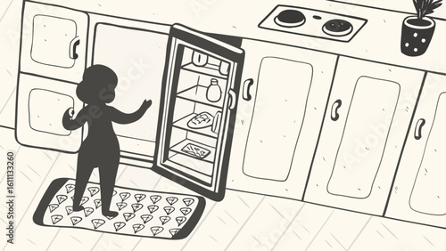 Silhouette of a woman standing on a patterned rug opening a refrigerator in a black and white kitchen scene