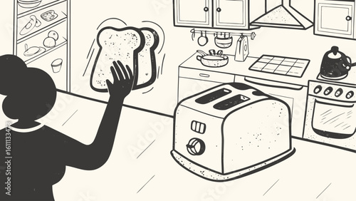Woman reaching for toast in a kitchen with a refrigerator, toaster, oven, and other kitchen items silhouette