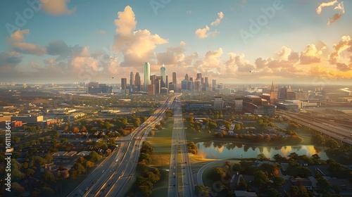 Dallas Texas City Skyline Highway Golden Hour