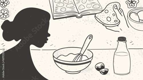 Silhouette of a woman baking cookies with recipe book bowl eggs and milk on a table in the kitchen