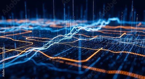 Dynamic visualization of glowing digital data waves and network connections on a dark background.
