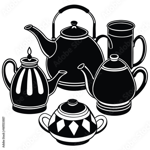 Assortment of Flat-Style Teapots in Vibrant Colors on a White Canvas