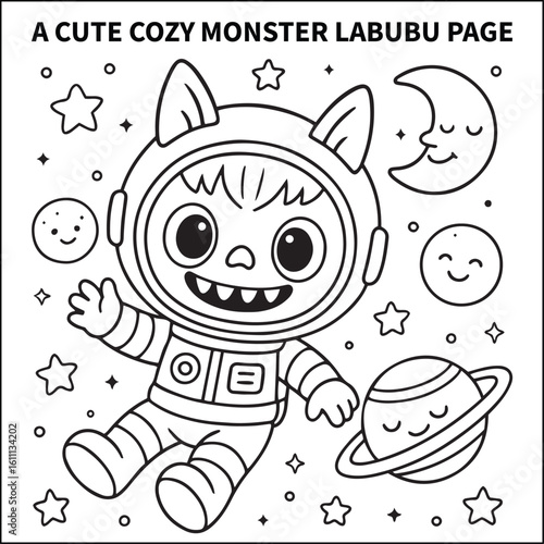 A cute, cozy monster astronaut waving hello from outer space. Bold and easy coloring pages for kids, teens, and adults.