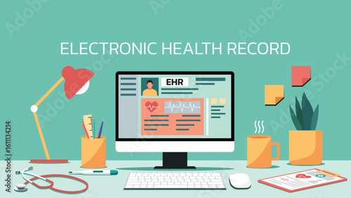 Electronic health record displayed on computer screen with medical equipment in a clinical workspace environment, vector flat illustration