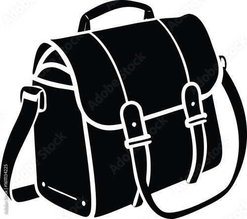 Black and White Illustration of a Satchel Bag with Shoulder Strap and Handle