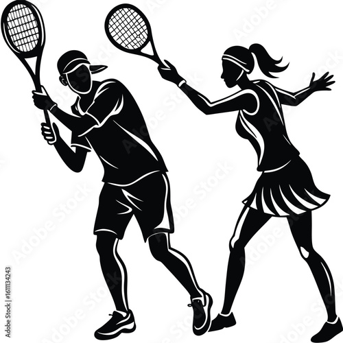 Dynamic Silhouette of Tennis Players Battling on Court