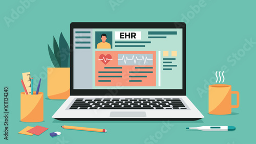 Electronic health record on laptop screen with patient profile and office equipment, vector flat illustration