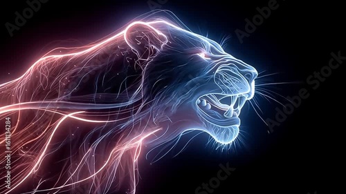 Neon Big Cat: Fiery Roar, Energetic Light Trails, Abstract Wildlife