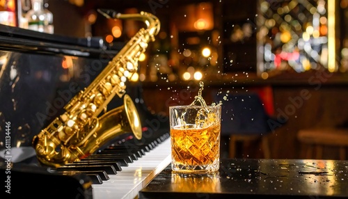 Saxophone and Glass of Liquor with Splash on Piano Keys at Bar