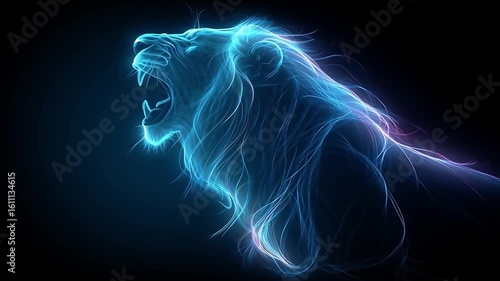 Roaring Lion: Electric Blue Energy Animal with Glowing Fractal Design on Black